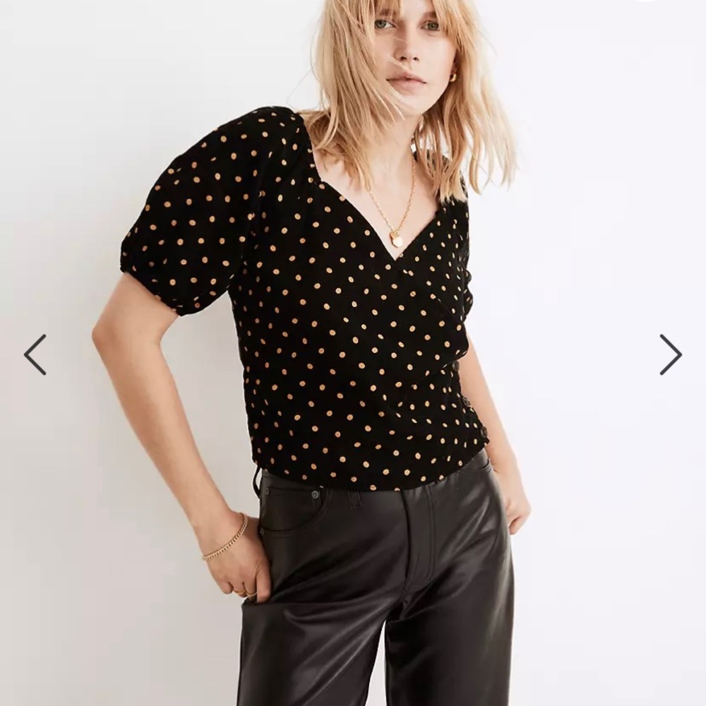 Corduroy Puff-Sleeve Wrap Top in Oval Dot